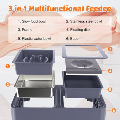 Decflow 3-in-1 Elevated Dog Bowls, 4 Height Adjustable Raised with Stainless Steel, Slow Feeder, No Spill Water Bowl, DIY Stickers Foldable Pet Bowl for Medium Large Dogs