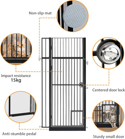 71" Extra Tall Pet Gate with Cat Door, Walk Through Pet Gate Pressure Mounted No Drilling, 28.7"-37.5" Wide, Auto Close Metal Safety Barrier for Stairs Hallway House, White