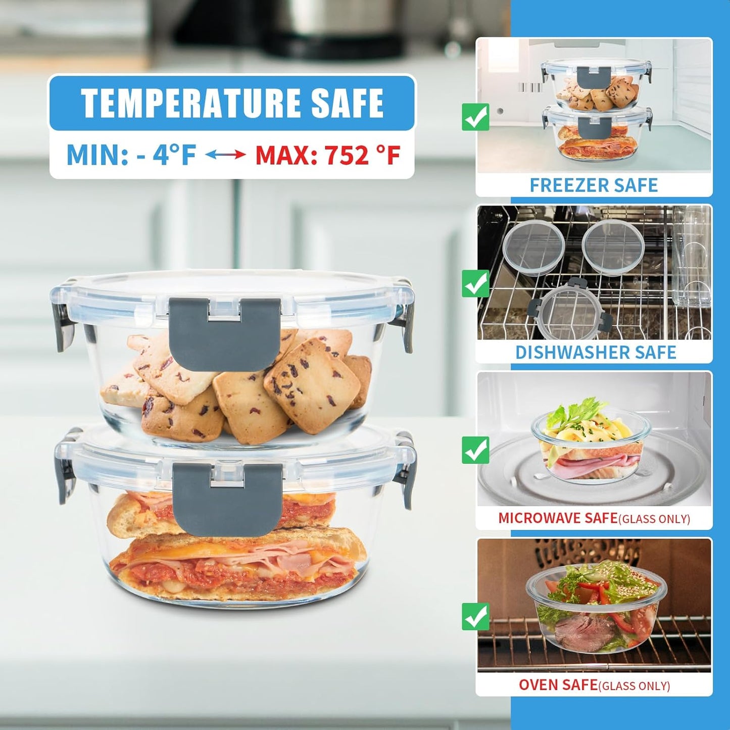 GULFLIN 24-Piece Small Glass Food Storage Containers with Lids Airtight, 1.5 Cup Meal Prep Containers Set, Microwave&Dishwasher Safe, Leak-Proof, BPA-Free, Grey