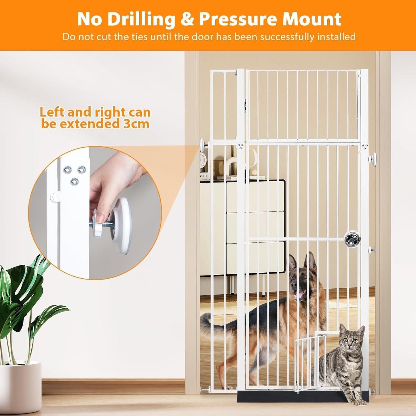 71" Extra Tall Pet Gate with Cat Door, Walk Through Pet Gate Pressure Mounted No Drilling, 28.7"-37.5" Wide, Auto Close Metal Safety Barrier for Stairs Hallway House, White