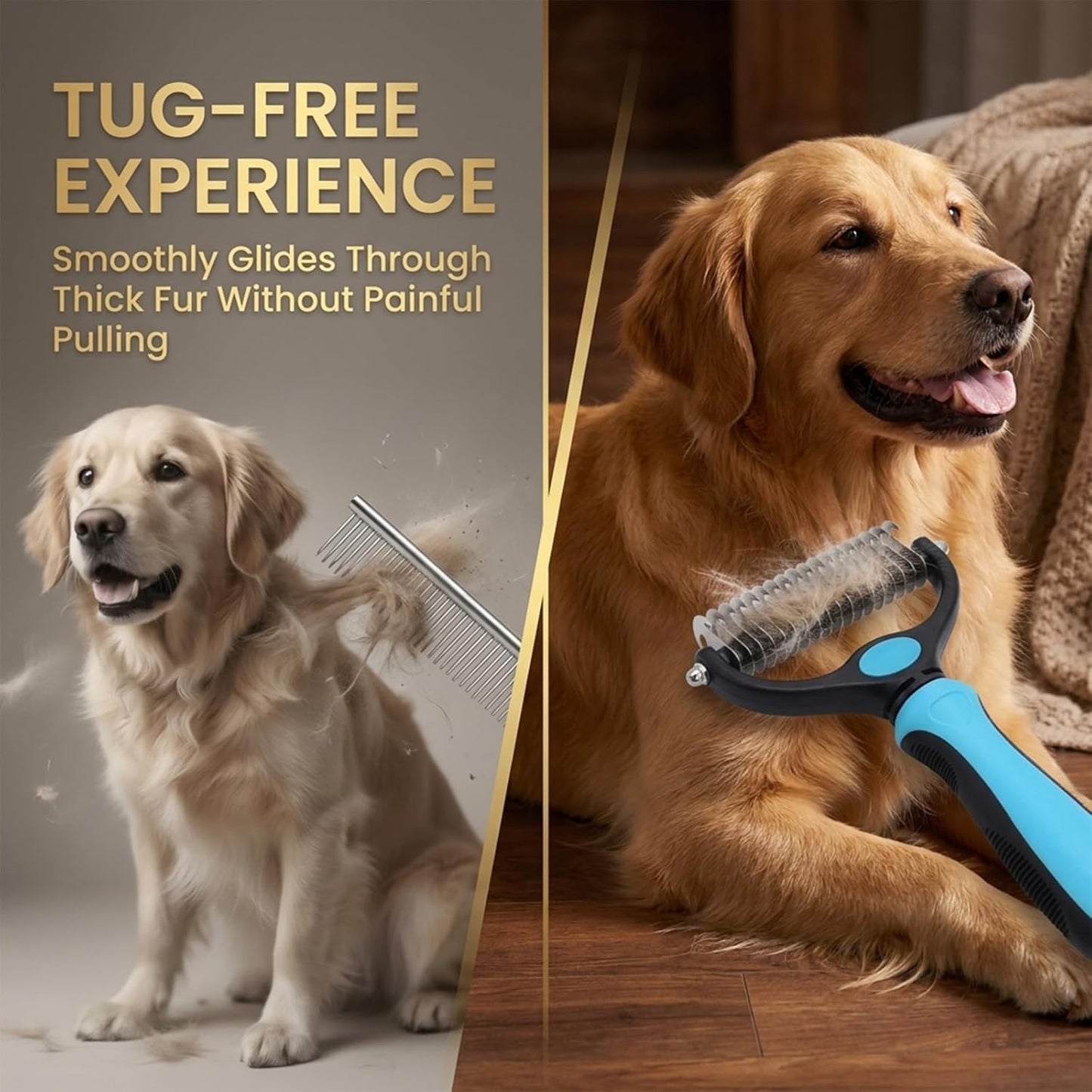 Sakerplus Pet Grooming Tool, Deshedding Dog Brush, 2-in-1 9/17 Teeth Undercoat Rake for Dogs and Cats, Stainless Steel Pet Grooming Brush for Long Hair, Thick Coats (Pink,large)