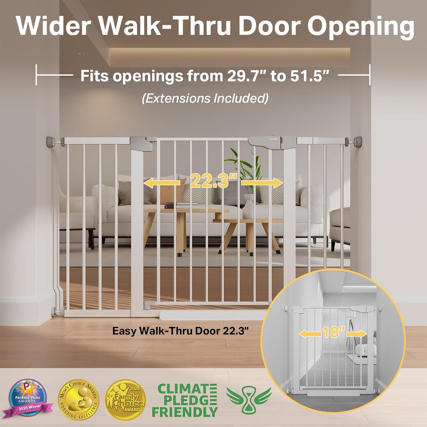 Cumbor 36.6-64" Extra Wide Baby Gate for Stairs, Dog Gates for Doorways, Auto-Close Pet Gate Indoor, Pressure Mounted Walk Through Safety Child Gate for Kids Toddler, Tall Pet Puppy Fence Gate, Brown
