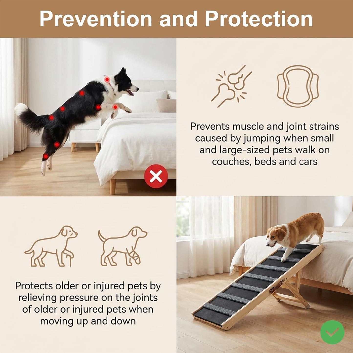 Dog Ramp for Bed, 43.5" Long Wooden Foldable Dog Ramp, 6 Adjustable Heights from 14" to 26" with Anti-Slip Traction Mat, Portable Pet Ramp for Car, Bed, Couch, Max 200lbs - 43.5inch