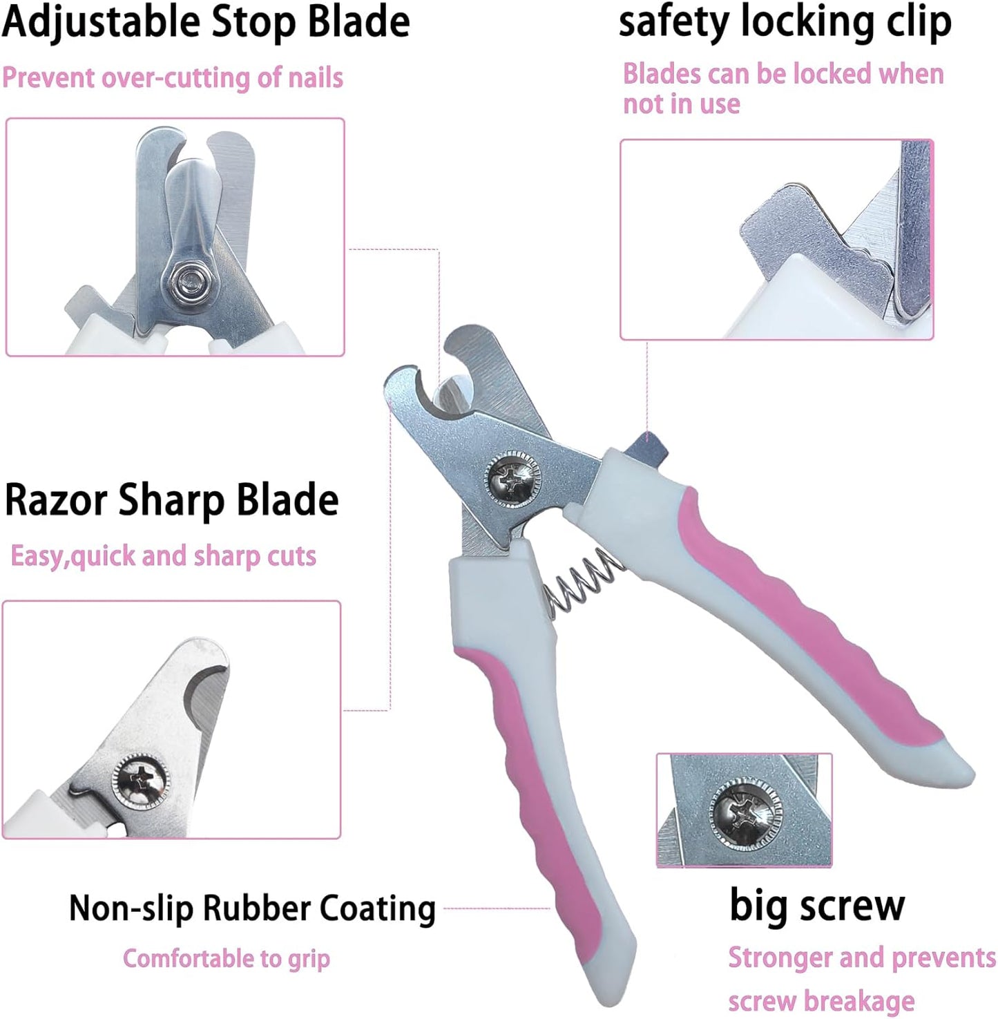 5Pcs Dogs and Cats Grooming Nail Clippers Kit Pet Claws Nail Clipper Trimmers, with Protective Guard Lock to Avoid Over Cutting, Professional Trimmers for Large and Small Cat and Dog (Pink)