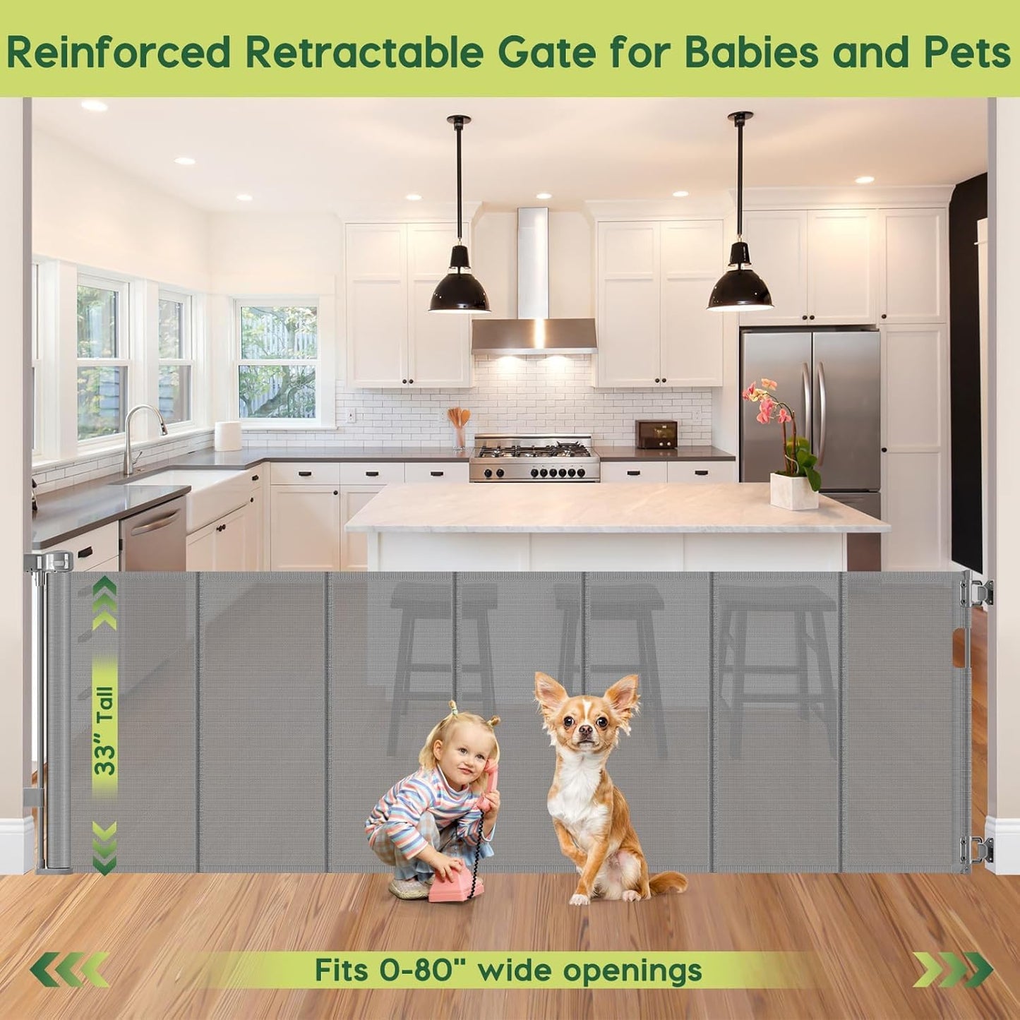 Reinforced 80 Inch Retractable Baby Gate Extra Wide Baby Gate for Wide Openings, Indoor/Outdoor Retractable Dog Gate for Doorway, Mesh Dog Gate Indoor Prevent Babies/Pets from Crawling Under, Black
