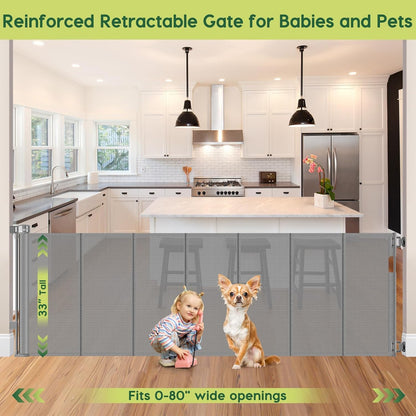 Reinforced 80 Inch Retractable Baby Gate Extra Wide Baby Gate for Wide Openings, Indoor/Outdoor Retractable Dog Gate for Doorway, Mesh Dog Gate Indoor Prevent Babies/Pets from Crawling Under, Black