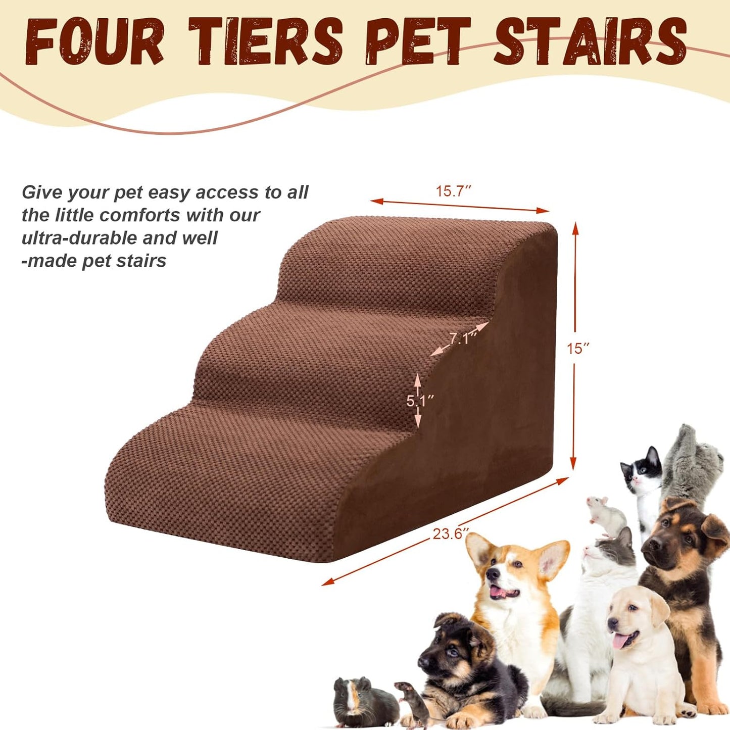 Dog Stairs for Small Dogs - High Density Foam Dog Ramp, Extra Wide Pet Steps with Non-Slip Bottom for High Beds, Couche and Sofa, Best for Pet Injured, Older Dogs Cats (Grey, 4 Steps)