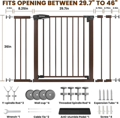 Mumeasy 29.7-46" Baby Gate for Stairs, Pressure Mounted Dog Gate for Doorways, Auto Close Walk Through Pet Gate Indoor, Extra Wide Metal Child Safety Gate, Mom's Choice Awards Winner, Black