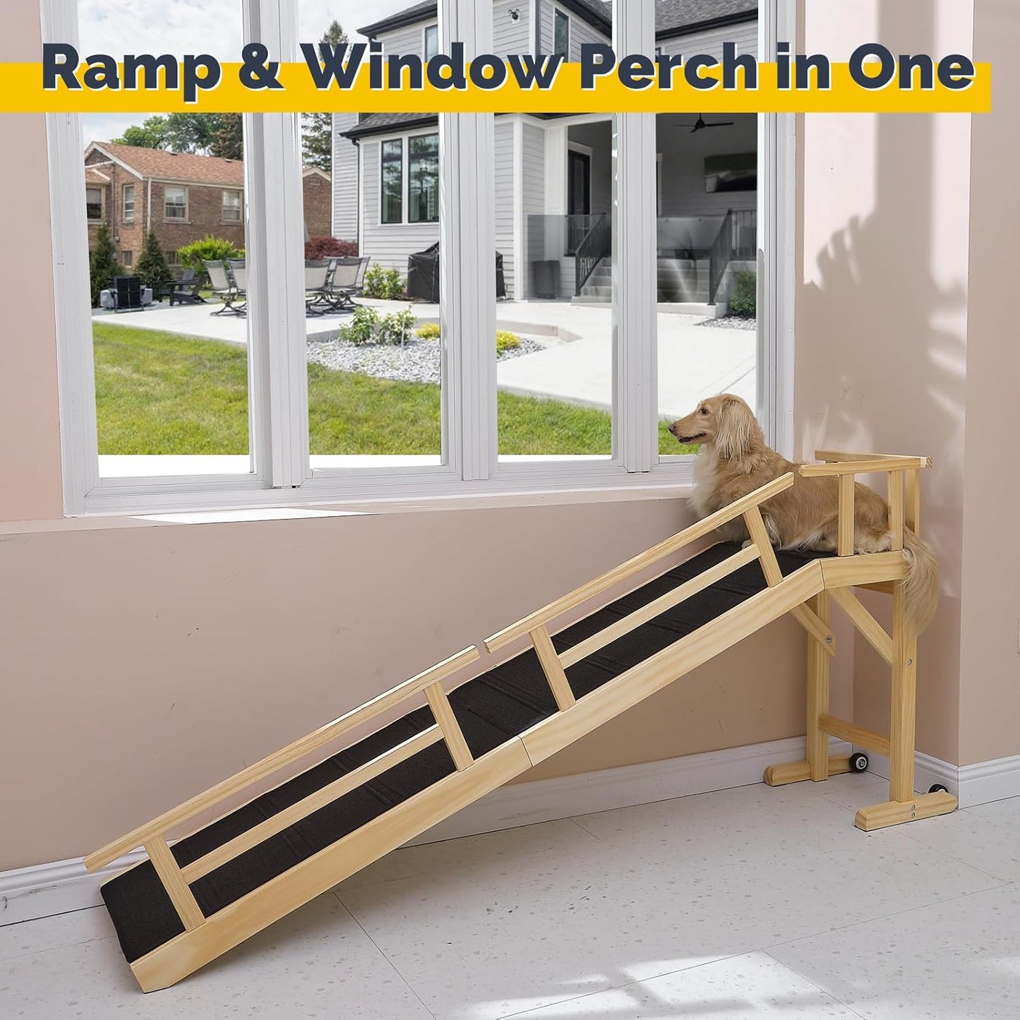 Dog Ramp for Bed or Couch, Wooden Pet Ramp with 20° Gentle Slope, Removable Side Rails, Non-Slip Surface, Top Platform & Wheels, Safe Bed Ramp for Small, Large & Senior Dogs, 60" Long, Mahogany