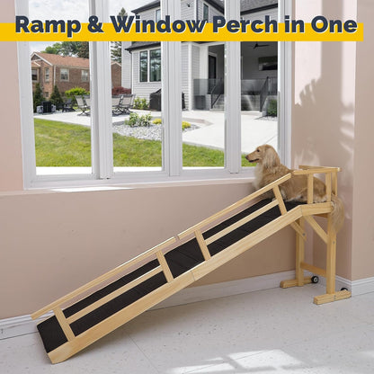 Dog Ramp for Bed or Couch, Wooden Pet Ramp with 20° Gentle Slope, Removable Side Rails, Non-Slip Surface, Top Platform & Wheels, Safe Bed Ramp for Small, Large & Senior Dogs, 60" Long, Mahogany