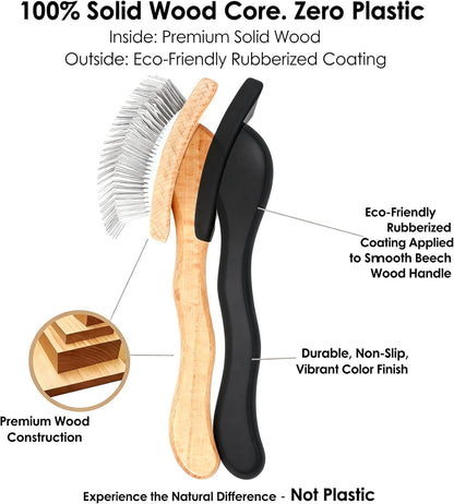 Slicker Brush for Doodles and Poodles - 2-Piece Solid Wood Dog Grooming Set with Extra Long Pin Dematting Tool and Metal Comb for Curly, Matted & Thick Hair, Purple