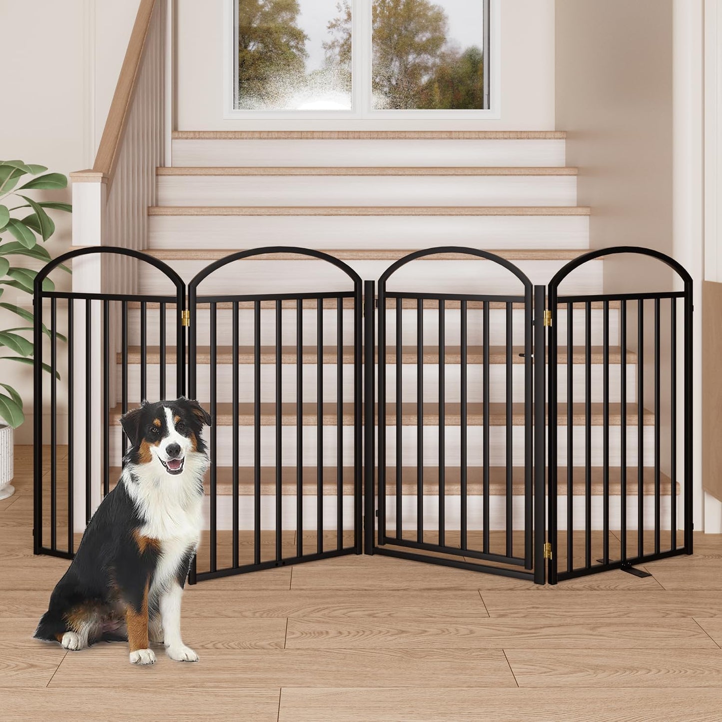 SNUOWU 4 Panels Full Matel Freestanding Dog Gates with Door, 96"Extra Wide 32"Tall Free Standing Dog Pet Gate for Indoor & Outdoor. Foldable Pet Fences for Doorways, House, Stairs, Porch, Deck, Yard