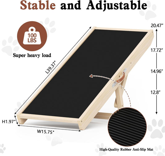Dog Ramp for High Bed, Couch, Car, Pet Ramps 55.12" Long Adjustable 19.3"-27.17" Wooden Dog Step with Anti-slip Rubber Mat & Safety Side Rails for Small Medium Large Older Pets, up to 250 lbs