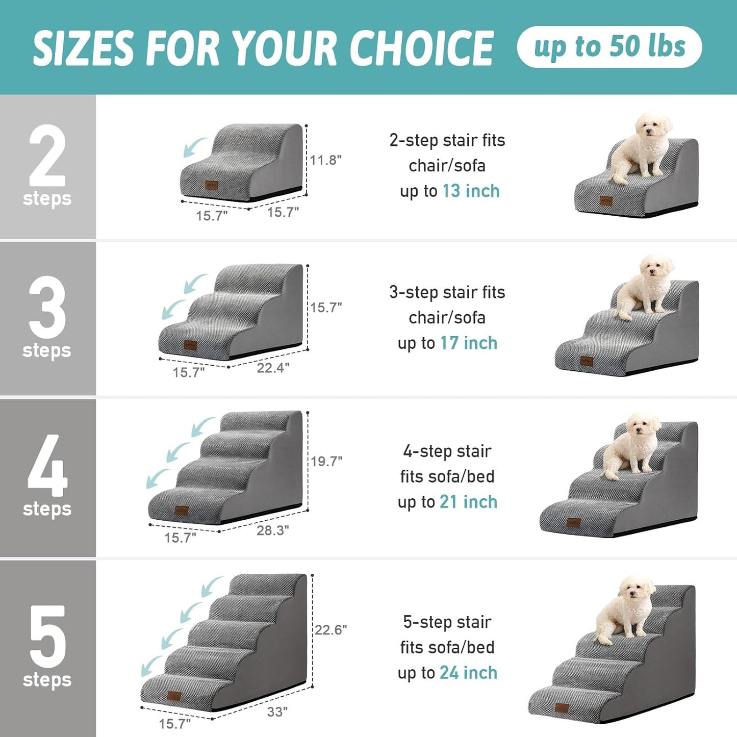 COZY KISS Dog Stairs for Small Dogs 15.7" H, Curved Dog Step for Puppy, Older Cat, Medium Pet Ramp for Sofa, Couch or Chair, Ladder with High Density Foam, 3 Step, 15.7x22.4x15.7 inch, Beige