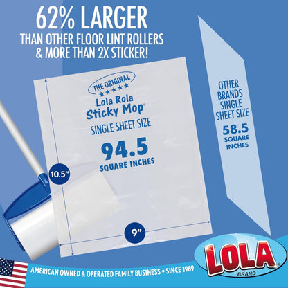 LOLA Rola PET Hair Remover Sticky Mop, Giant Floor Lint Roller, 9" x 3.5", Aluminum Handle, Largest Head, Traps Hair, Dust, Dirt, Extra Sticky Sheets