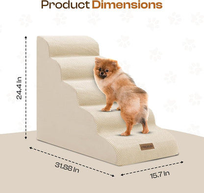 Dog Stairs for High Beds Up to 30", Extra-Tall 5-Step Dog Steps for Bed, 24.5" Tall Foam Pet Stairs for Small & Medium Dogs, Gentle Slope Cat Ramp for Bed with Washable Cover