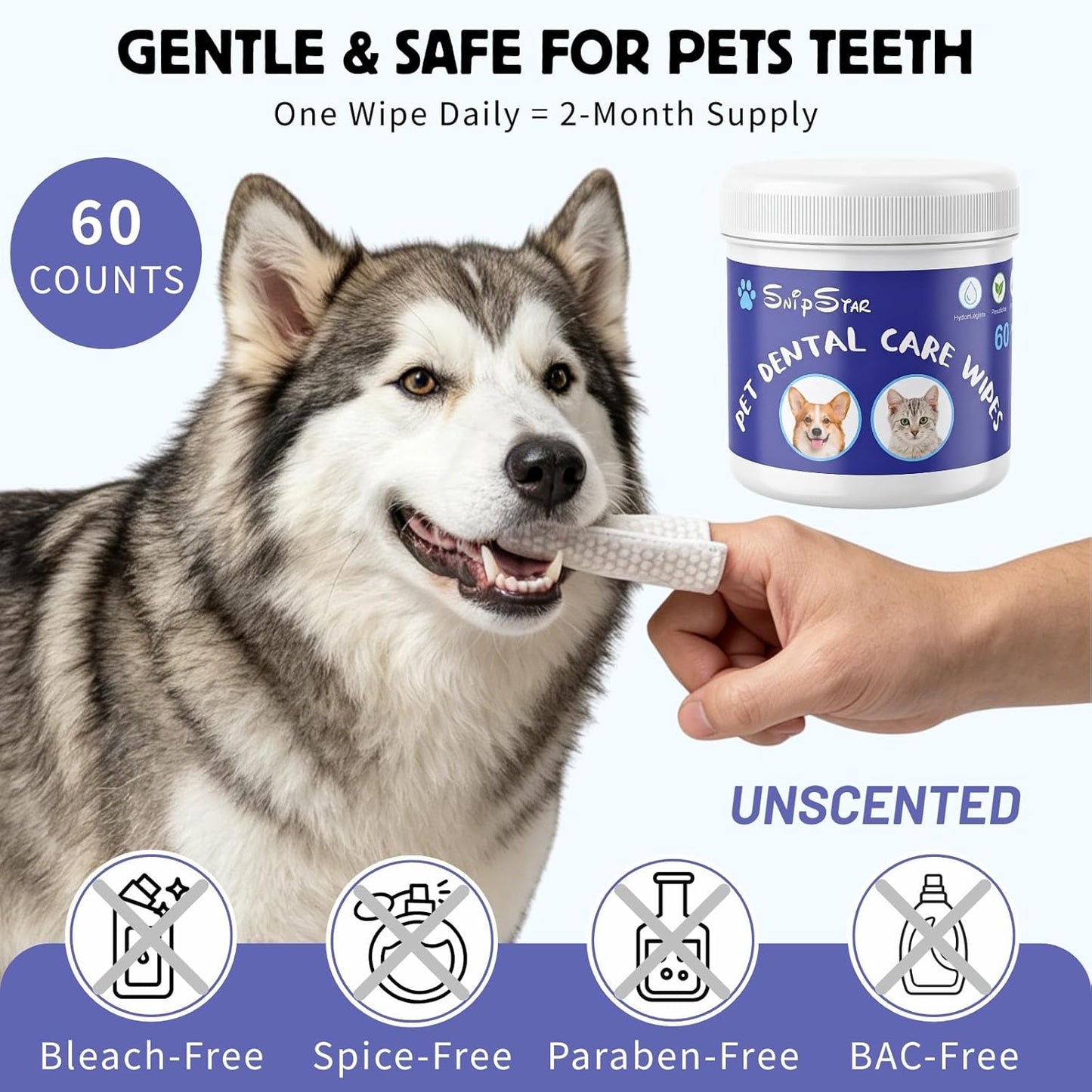 60 Counts Dental Wipes for Dogs Teeth & Cats, No-Rinse Dog Tooth Wipes for Breath Freshener & Gum Care, Pet Toothbrush Toothpaste Alternative, Unscented Disposable Dog Oral Teeth Cleaning Finger Wipes