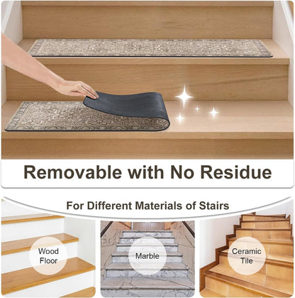 Tiveney Stair Treads Non Slip 15PCS 8"x30" Stair Runner, Rubber Backing Carpet Stair Treads for Wooden Steps, Washable Safety Carpet for Stairs Khaki Indoor Staircase Step Treads for Kids Elder Dogs