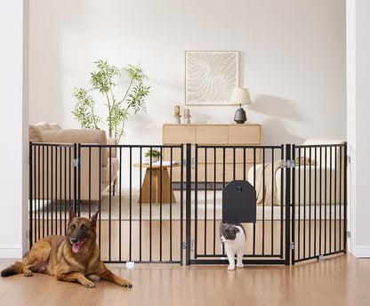 No Pawblems Dog Gate with Cat Door, Free Standing 30'' Tall Foldable Dog Fence for Indoor & Outdoor, Up to 156 Inch Extra Wide Puppy Gate for Stairs, Hallways, Doorways, Deck, Yard (Black, 6 Panels)