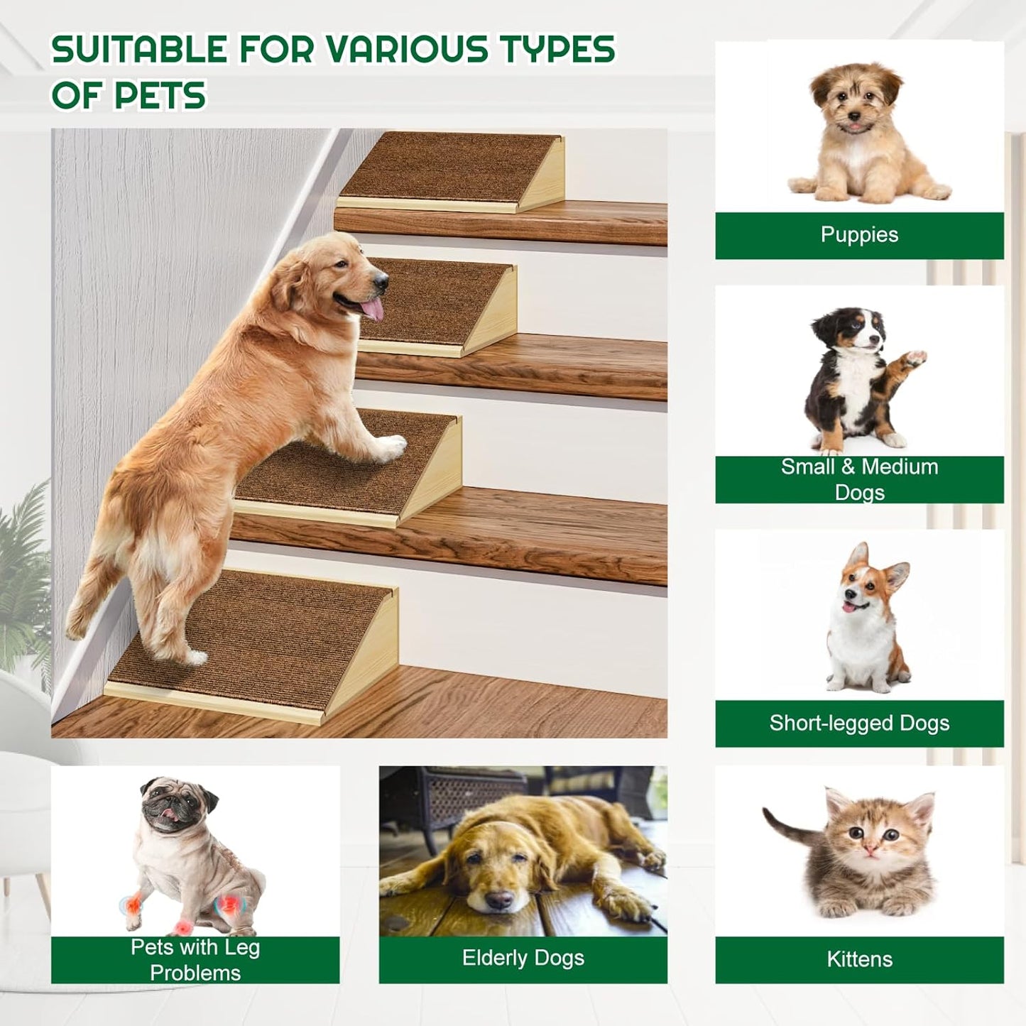 TIMHAKA 2 Pack Dog Ramp for Stairs, Upgraded Widened Non-Slip Dog Stairs for Small Medium Dogs, Wooden Pet Steps for Staircase, Steps and Stairs Assist for Injured & Aged Pets