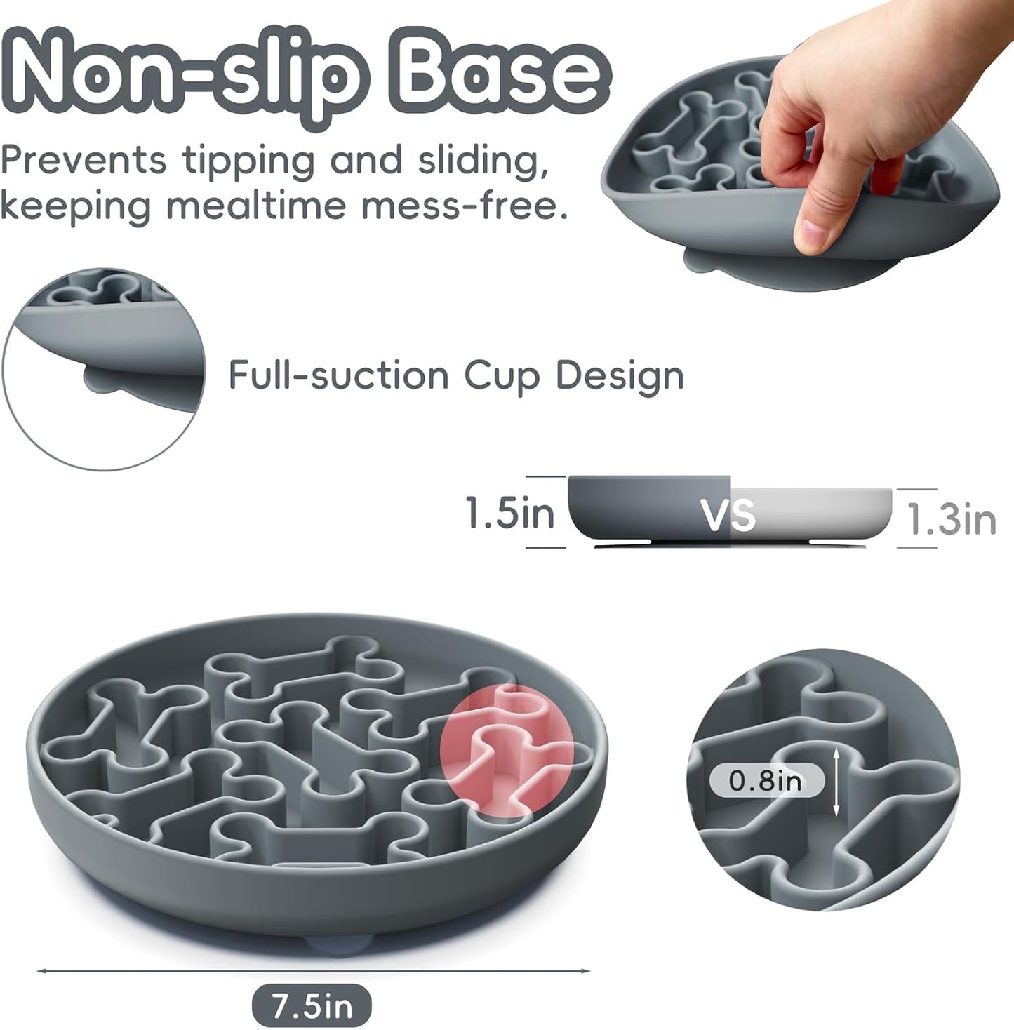 Silicone Slow Feeder Dog Bowl – Pink Bone Pattern | Food-Grade Non-Slip Dog Dish for Anti-Bloat, Fast Eating Prevention, 7.5” x 1.5”, Dishwasher Safe