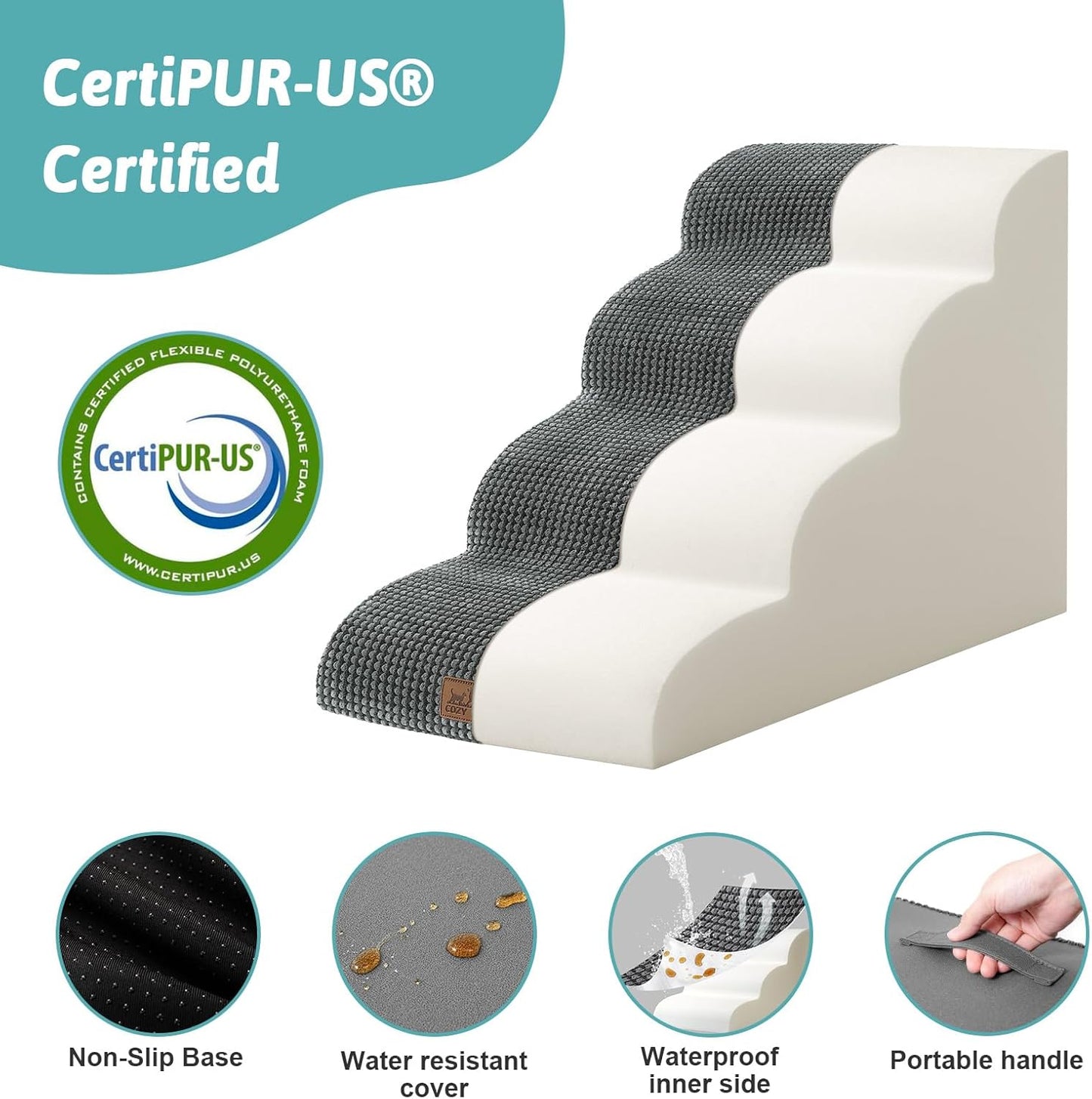 COZY KISS Dog Stairs for Small Dogs 15.7" H, Curved Dog Step for Puppy, Older Cat, Medium Pet Ramp for Sofa, Couch or Chair, Ladder with High Density Foam, 3 Step, 15.7x22.4x15.7 inch, Beige