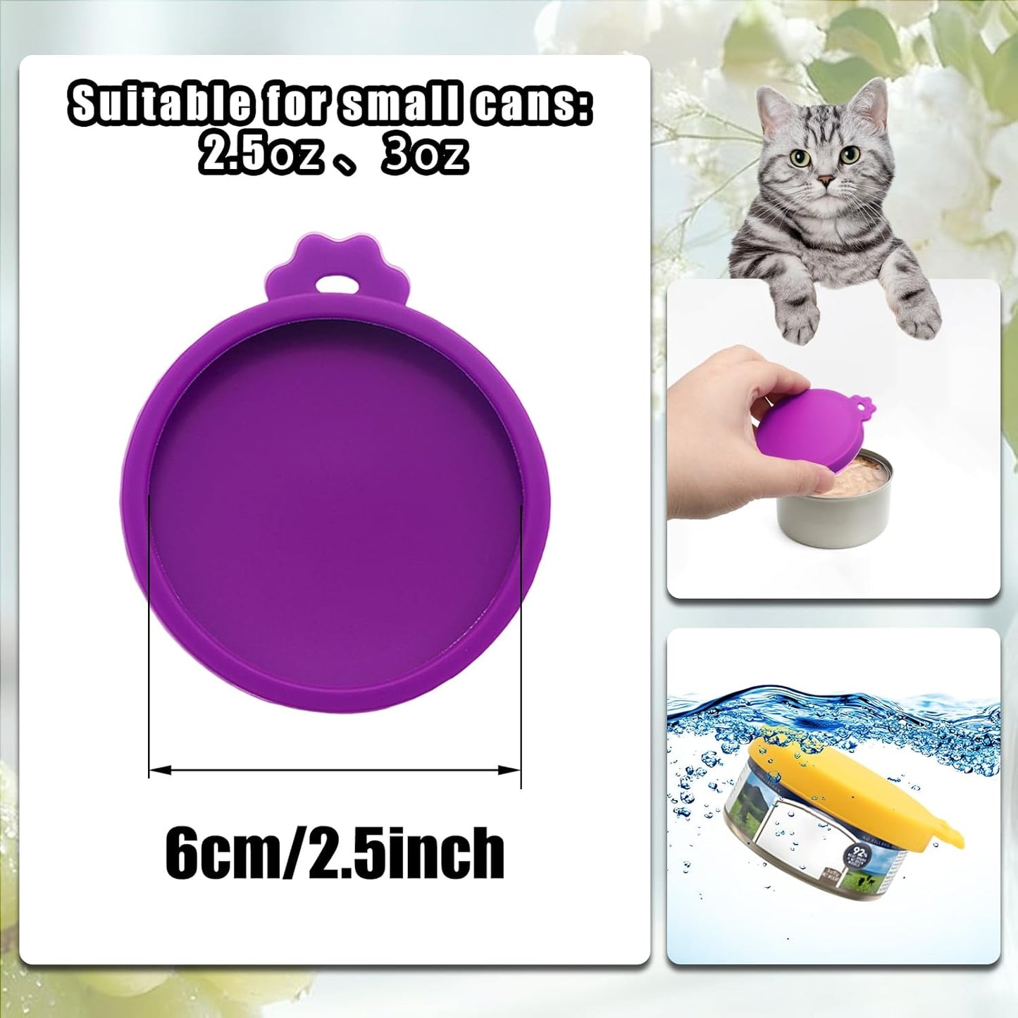 PINE & LINEN 4 Pcs 2.5inch Durable Pet Can Lids, Silicone Small Pet Can Covers Waterproof Cat Food Cans Lids for 3 oz Cat Food Cans（Yellow+Red+Pink+Blue）