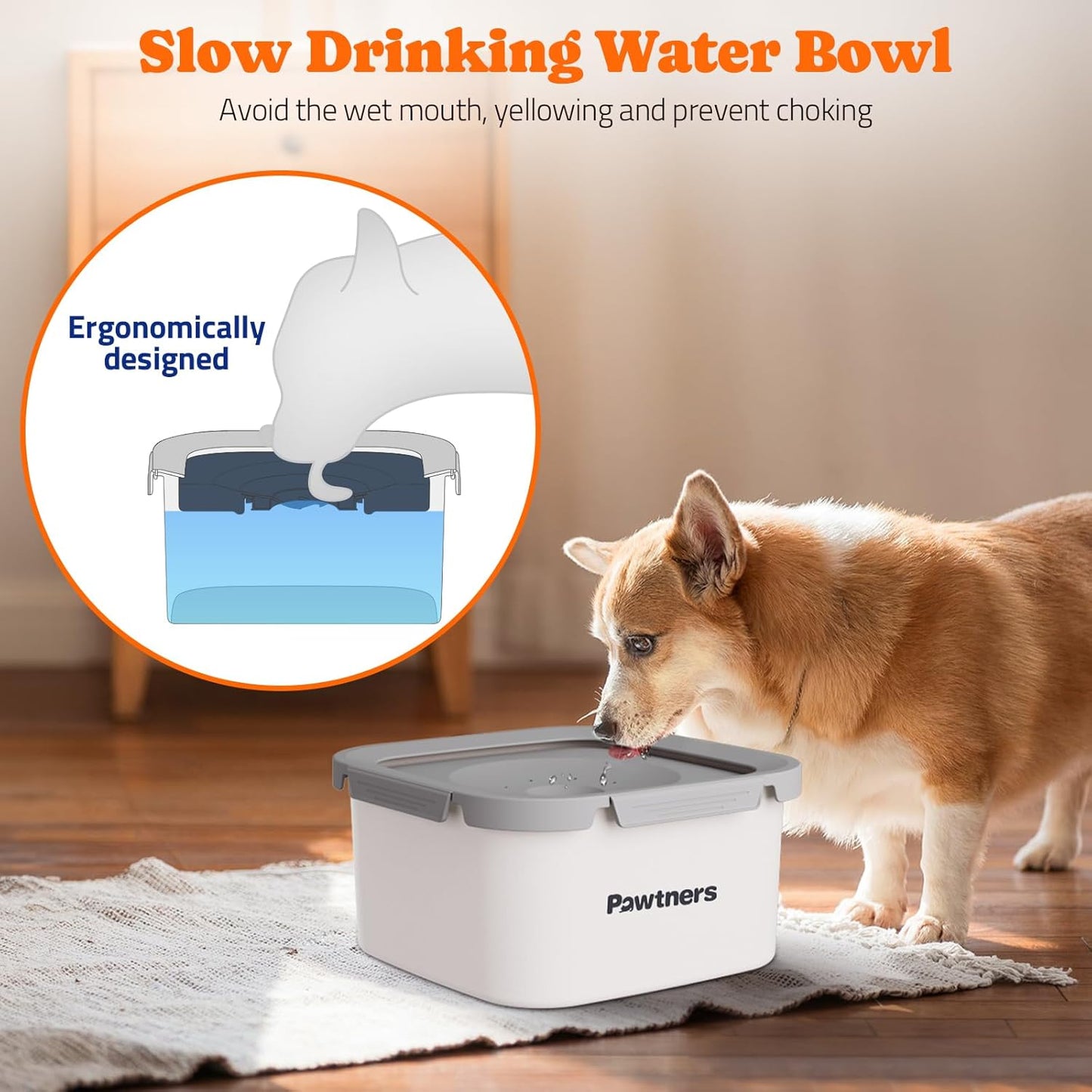 Pawtners All Stainless Steel Dog Water Bowl No Spill,135oz Anti-Splash Dog Bowl with Non-Slip Base, Spill Proof for Medium Large Messy Drinkers, Slow Drinking, Slobber Stopper,Easy to Clean