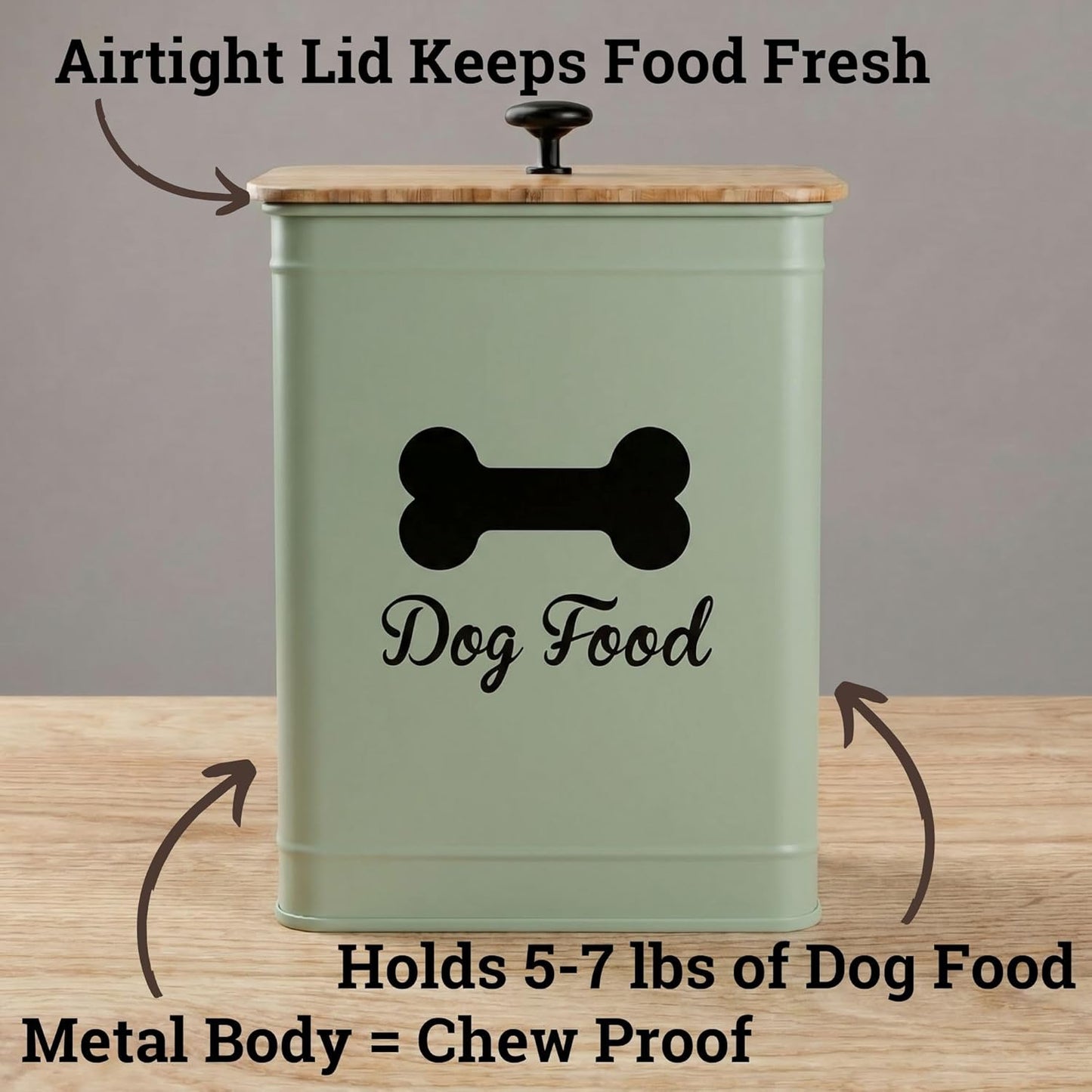 Dog Food Container Airtight 5-7 lb (25 Cup) Capacity - Cute Airtight Dog Food Storage Container with Bamboo Lid & Sturdy Metal Handle - White Metal Kibble Storage Bin for Dogs up to 50 lbs - Pet Jar