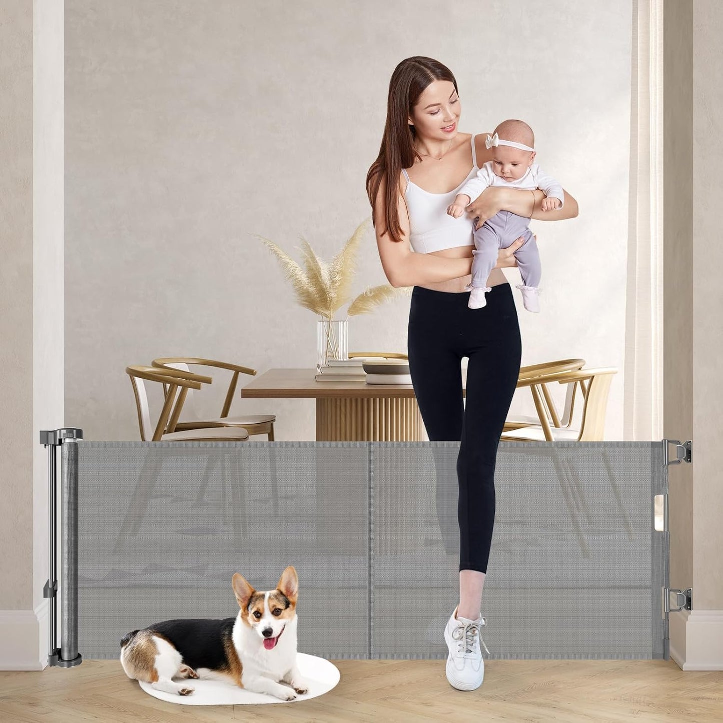 24" Tall X 120" Extra Wide Retractable Baby Gates, Short Dog Gates to Step Over, Reinforced Long Mesh Pet Gate with Support Rods, Small Puppy Gates for The House, Grey