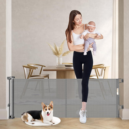 24" Tall X 120" Extra Wide Retractable Baby Gates, Short Dog Gates to Step Over, Reinforced Long Mesh Pet Gate with Support Rods, Small Puppy Gates for The House, Grey