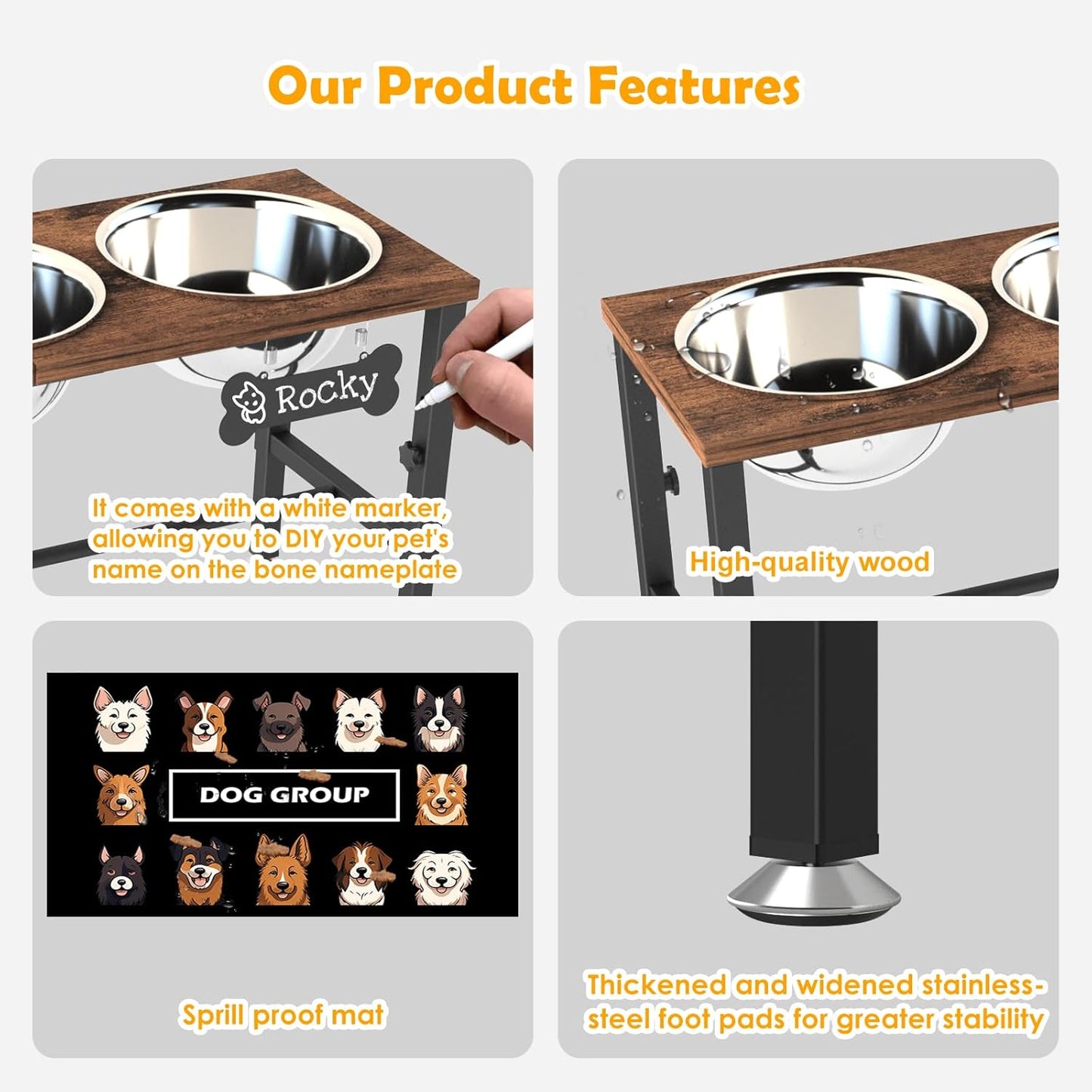ADENGL Metal Raised Dog Bowl, 10" Tall Elevate Dog Feeder Stand with 2 Stainless Steel 42oz Bowls & 16x24 Non-Slip Mat – Stronger Dogs Food & Water Bowl Stand (Black)