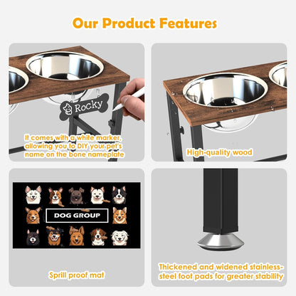 ADENGL Metal Raised Dog Bowl, 10" Tall Elevate Dog Feeder Stand with 2 Stainless Steel 42oz Bowls & 16x24 Non-Slip Mat – Stronger Dogs Food & Water Bowl Stand (Black)