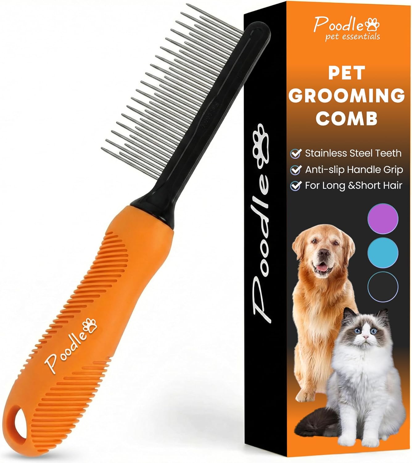 Poodle Dematting Fur Rake Comb Brush for Dogs and Cats - Long 2.5" Steel Safety Blades Metal Comb for Detangling Matted or Knotted Undercoat Hair (Orange)