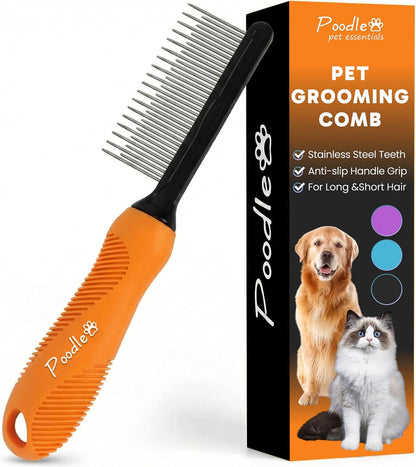 Poodle Dematting Fur Rake Comb Brush for Dogs and Cats - Long 2.5" Steel Safety Blades Metal Comb for Detangling Matted or Knotted Undercoat Hair (Orange)