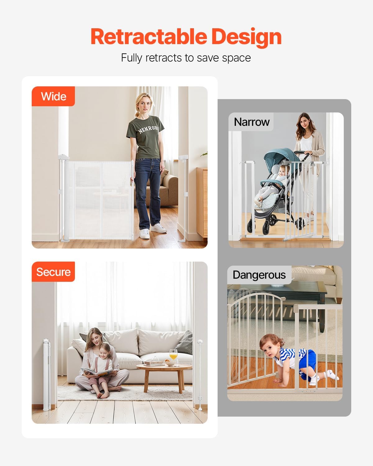 VEVOR Retractable Baby Gate, 34 inch Tall, Extends up to 110 inch Wide, Retractable Gate for Kids or Pets, Mesh Material, Easy to Install for Indoor Stairs, Doorways, Hallways, Playrooms, Gray