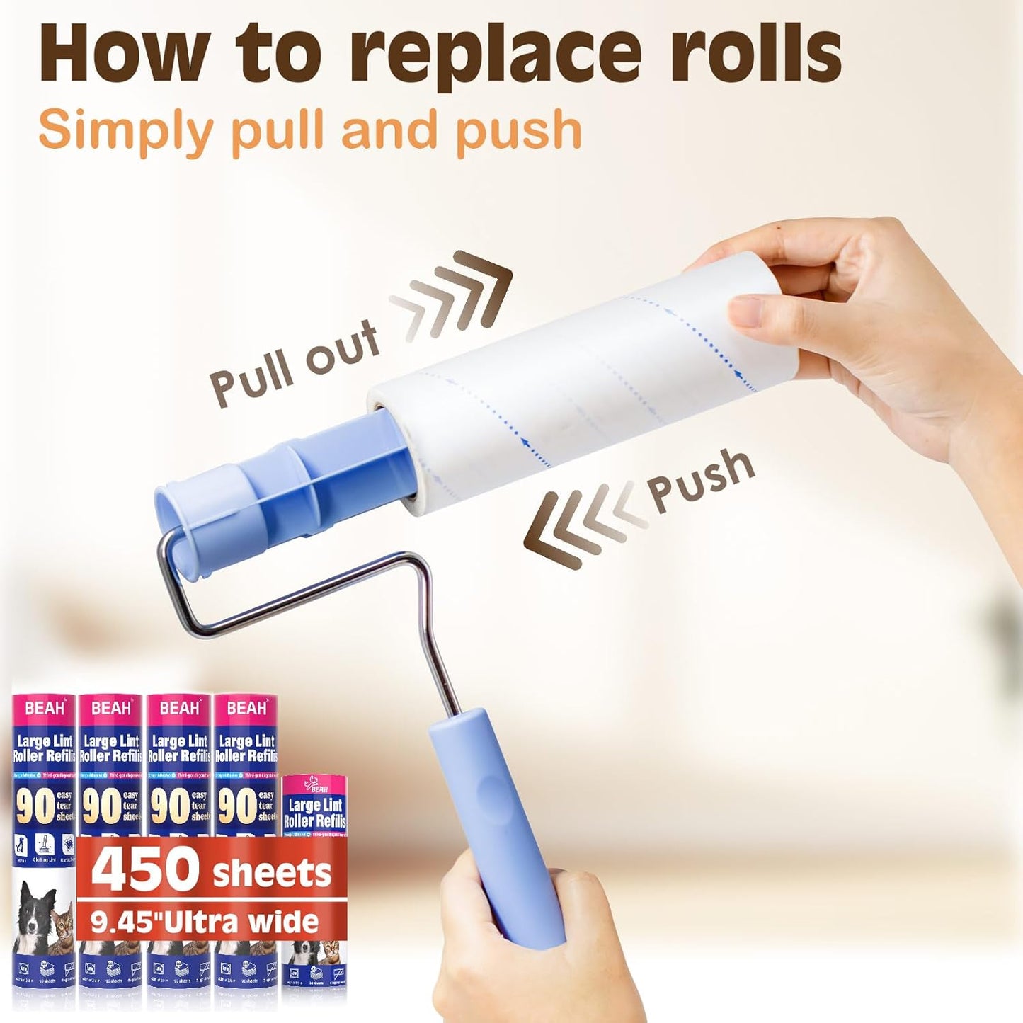 Large Lint Roller for Pet Hair Extra Sticky,10 Years Lifespan,9.45''/6.3" Pet Hair Removal Tool Roller for Dog Cat Hair,450 Sheets/5 Refills,Detachable Telescoping Extension Large Lint Roller