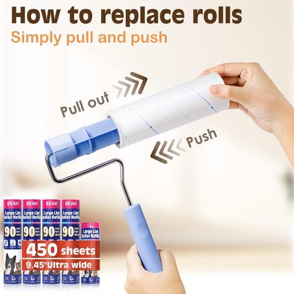 Large Lint Roller for Pet Hair Extra Sticky,10 Years Lifespan,9.45''/6.3" Pet Hair Removal Tool Roller for Dog Cat Hair,450 Sheets/5 Refills,Detachable Telescoping Extension Large Lint Roller