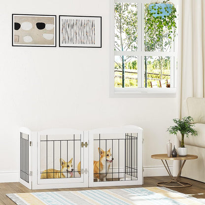 PAWLAND Free Standing Dog Gates for The House Stairs Doorways Indoor Foldable Wooden Small White Puppy Pet Gate Step Over Fence 60" W 24" H 3 Panels