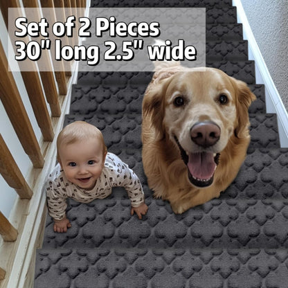 Aucuda 2pcs 8.5" x 30" Stair Treads Outdoor for Elders and Dogs on Wooden Steps, Non Slip Stair Runner Rug Heat Insulation Rubber Backing, Gray Staircase Mat Carpet for Indoor Grip Farmhouse.