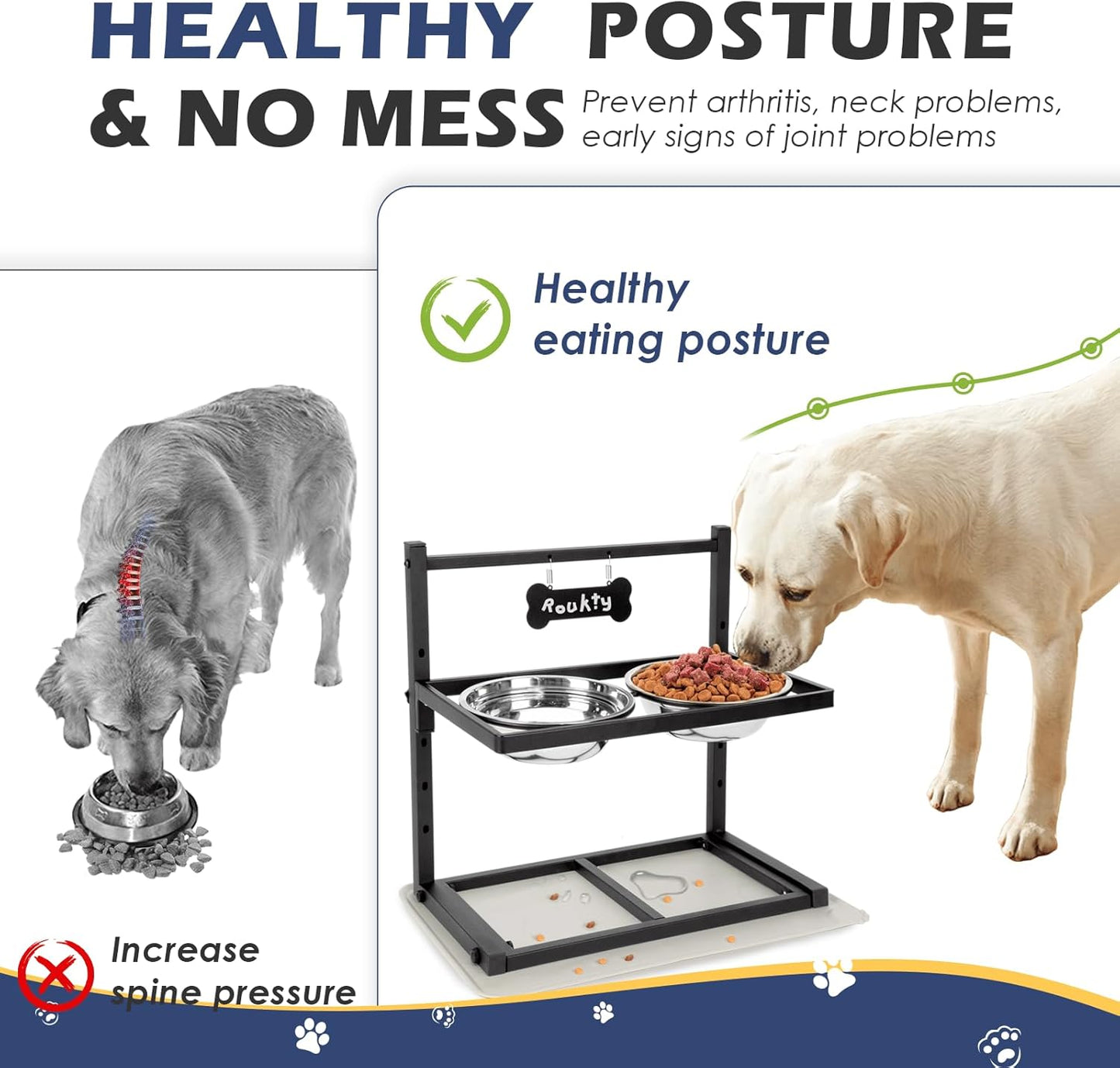 ADENGL Metal Raised Dog Bowl, 10" Tall Elevate Dog Feeder Stand with 2 Stainless Steel 42oz Bowls & 16x24 Non-Slip Mat – Stronger Dogs Food & Water Bowl Stand (Black)