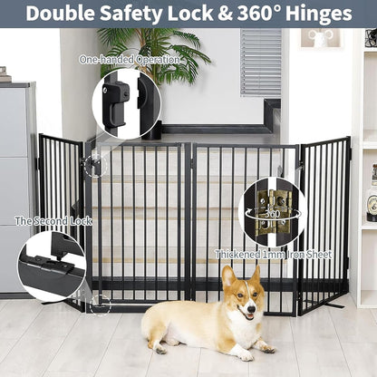 Metal Freestanding Dog Gates with Door for Outdoor Indoor,80'' Extra Wide 32'' Tall Free Standing Dog Gate for Doorways,Large Openings,Deck,Yard,Foldable Safety Pet Fence(Black,4 Panels)