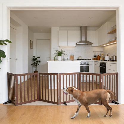 ZJSF Freestanding Indoor Dog Gate for House Foldable Wood Puppy Gate for Doorways Pet Gate for Stairs Extra Wide Pet Fence, Brown, 24" Height 3 Panels
