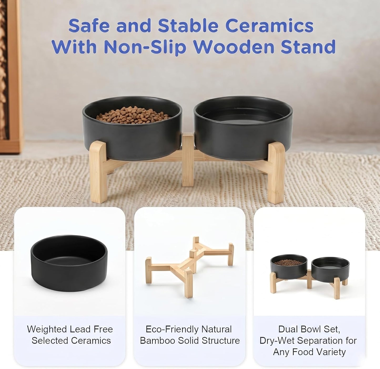 SPUNKYJUNKY Elevated Dog Bowls Ceramic, 6.1'' Dogs and Cat Food Water Bowls Raised with Non-Slip Bamboo Stand for Medium Sized Breed Microwave Dishwasher Safe - 28.7 OZ,Beige