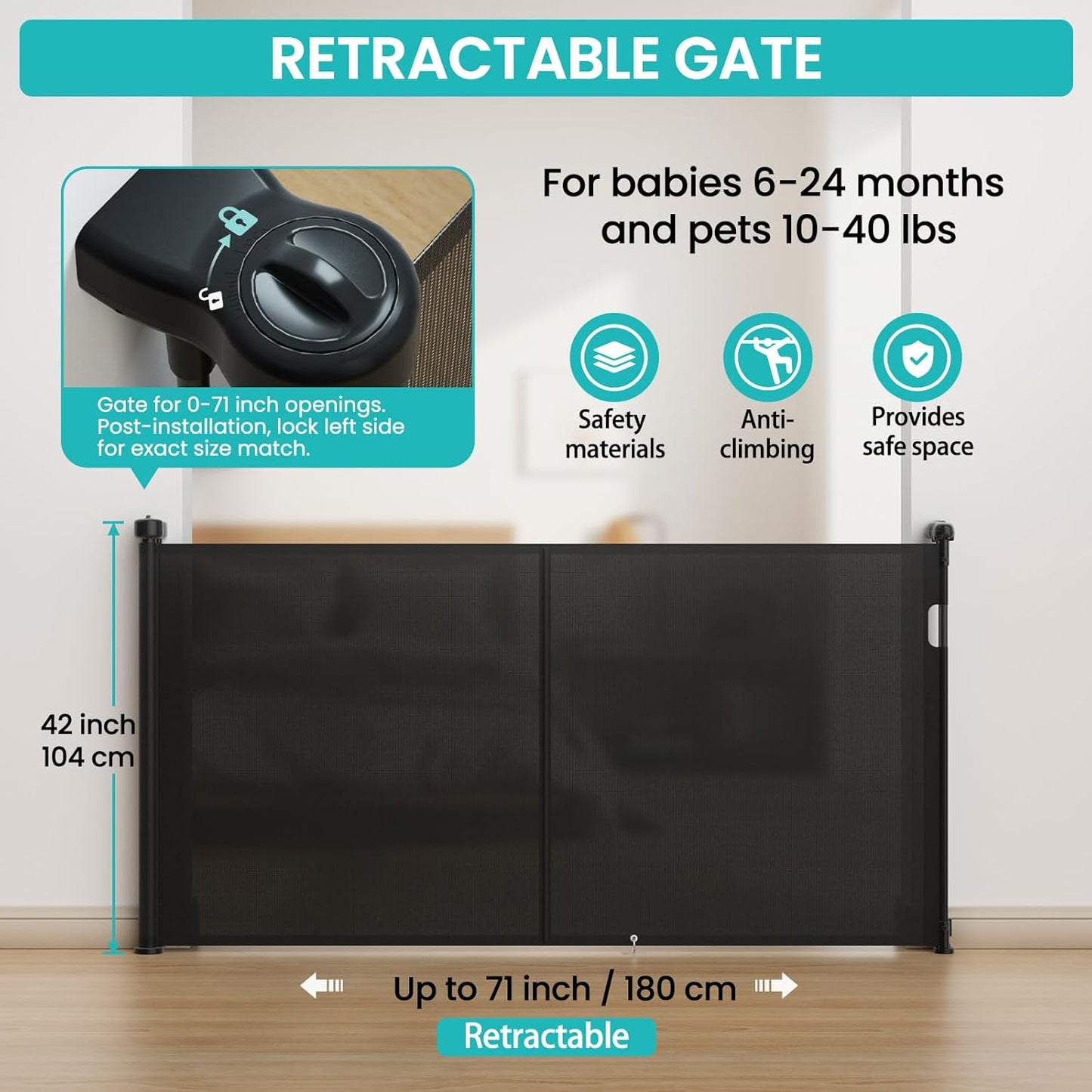 Upgrade Retractable Baby Gates Extra Wide (150" W x 42" H), 150 inch Reinforced Retractable Dog Gate to Prevent Crawling Through, Retractable Gate Outdoor/Indoor, Real One-Handed Operation, Black