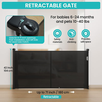 Upgrade Retractable Baby Gates Extra Wide (150" W x 42" H), 150 inch Reinforced Retractable Dog Gate to Prevent Crawling Through, Retractable Gate Outdoor/Indoor, Real One-Handed Operation, Black