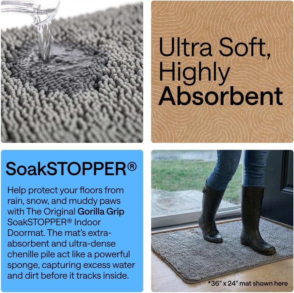GORILLA GRIP SoakSTOPPER Dog Door Mat, 30x20 Machine Washable Rug Absorbent Doormat Captures Moisture Mud Dirt, Quick Dry Soft Chenille Entryway Rugs Indoor Entrance Mats for Dog Paws, Paw Grey