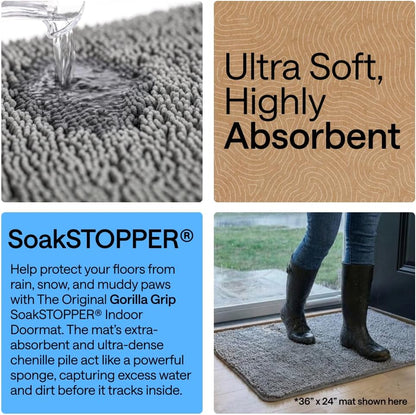 GORILLA GRIP SoakSTOPPER Dog Door Mat, 30x20 Machine Washable Rug Absorbent Doormat Captures Moisture Mud Dirt, Quick Dry Soft Chenille Entryway Rugs Indoor Entrance Mats for Dog Paws, Paw Grey