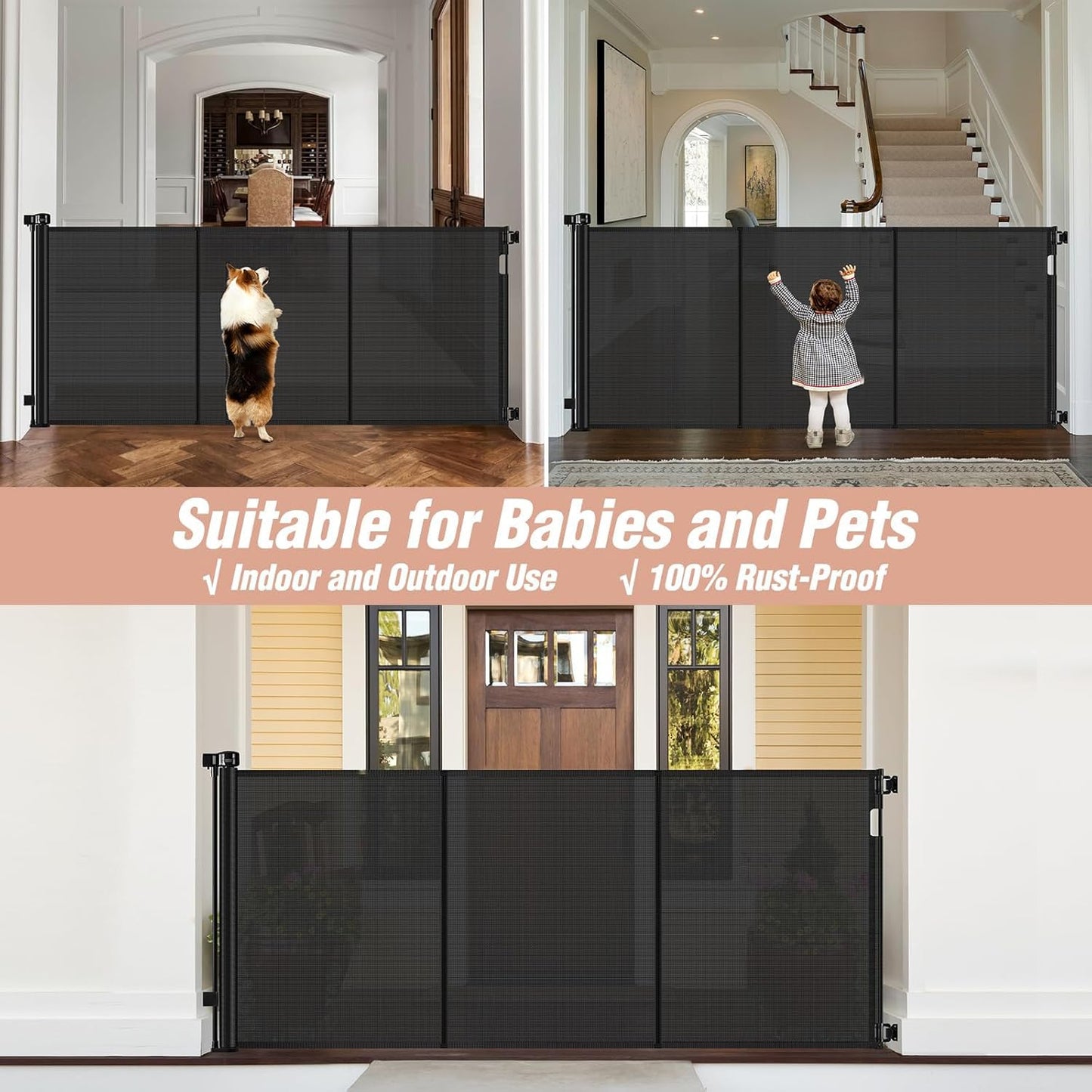 Reinforced 42" Tall Retractable Dog Gate, 155" Extra Long Retractable Baby Gate with Support Rods - Prevent Crawling Under, Indoor/Outdoor Retractable Gate Extra Tall Baby Gate Retractable Fence/Black