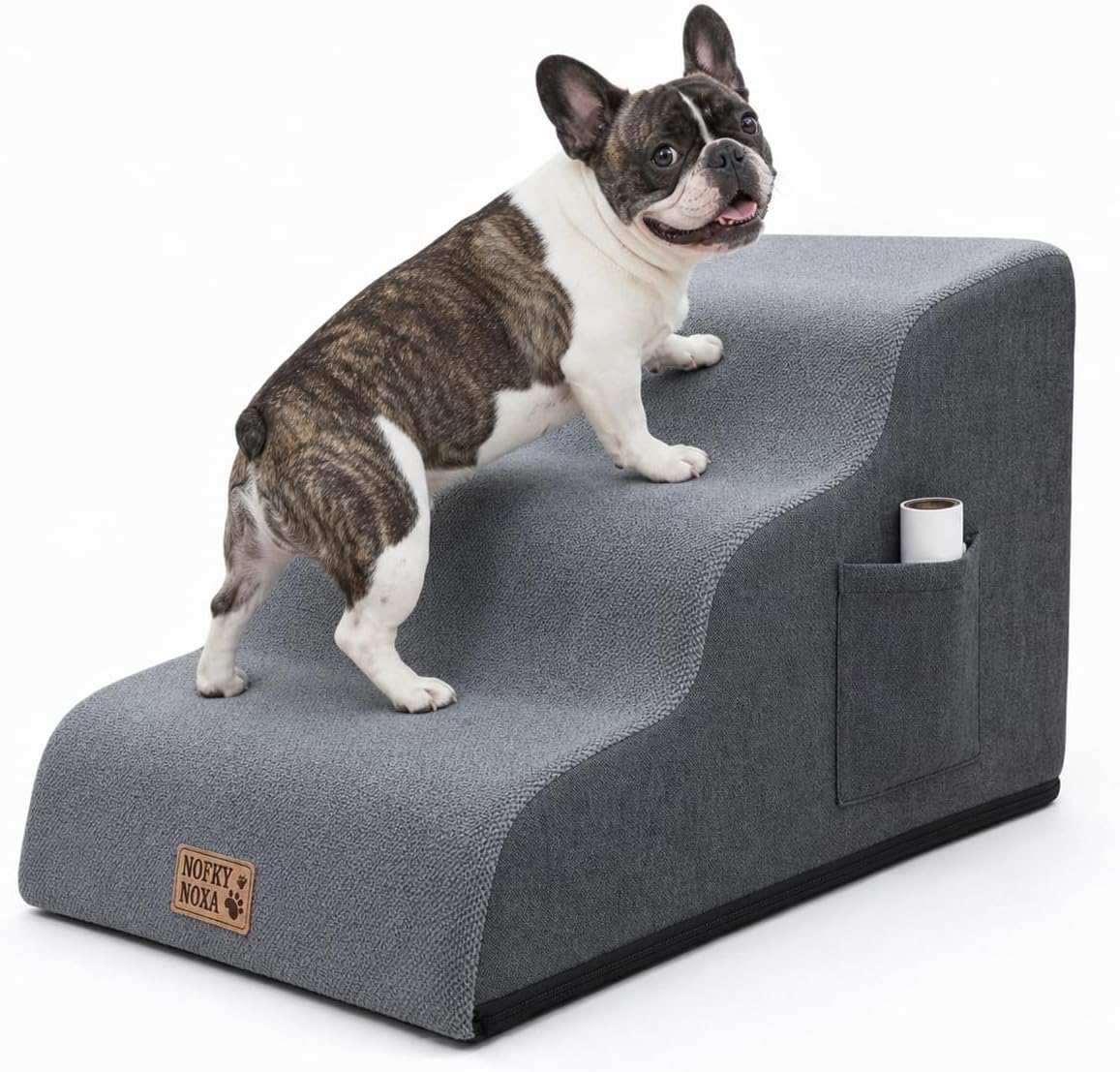 4-Step Dog Stairs for Small Dogs & Cats, 13.8" H Non-Slip Pet Steps with Side Storage Pocket, Sturdy High Density Foam Dog Ramp for Sofa, Couch & Chair, Washable Cover, Grey